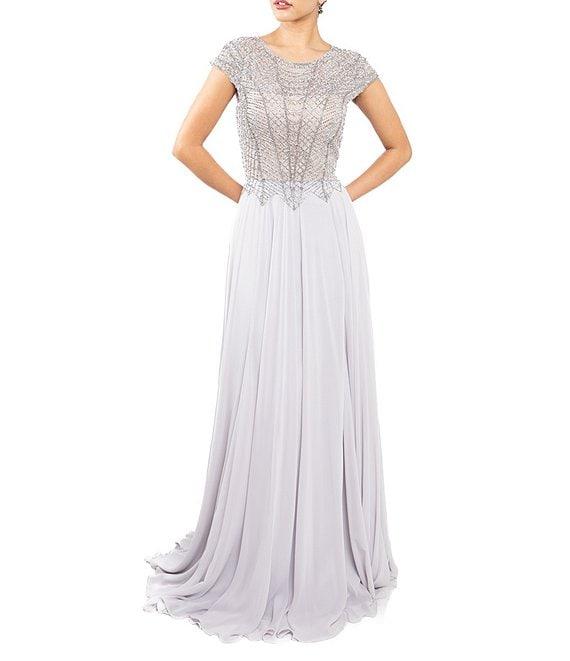Terani Couture Beaded Chiffon Round Neck Cap Sleeves Lace Bodice A-Line Gown Product Image