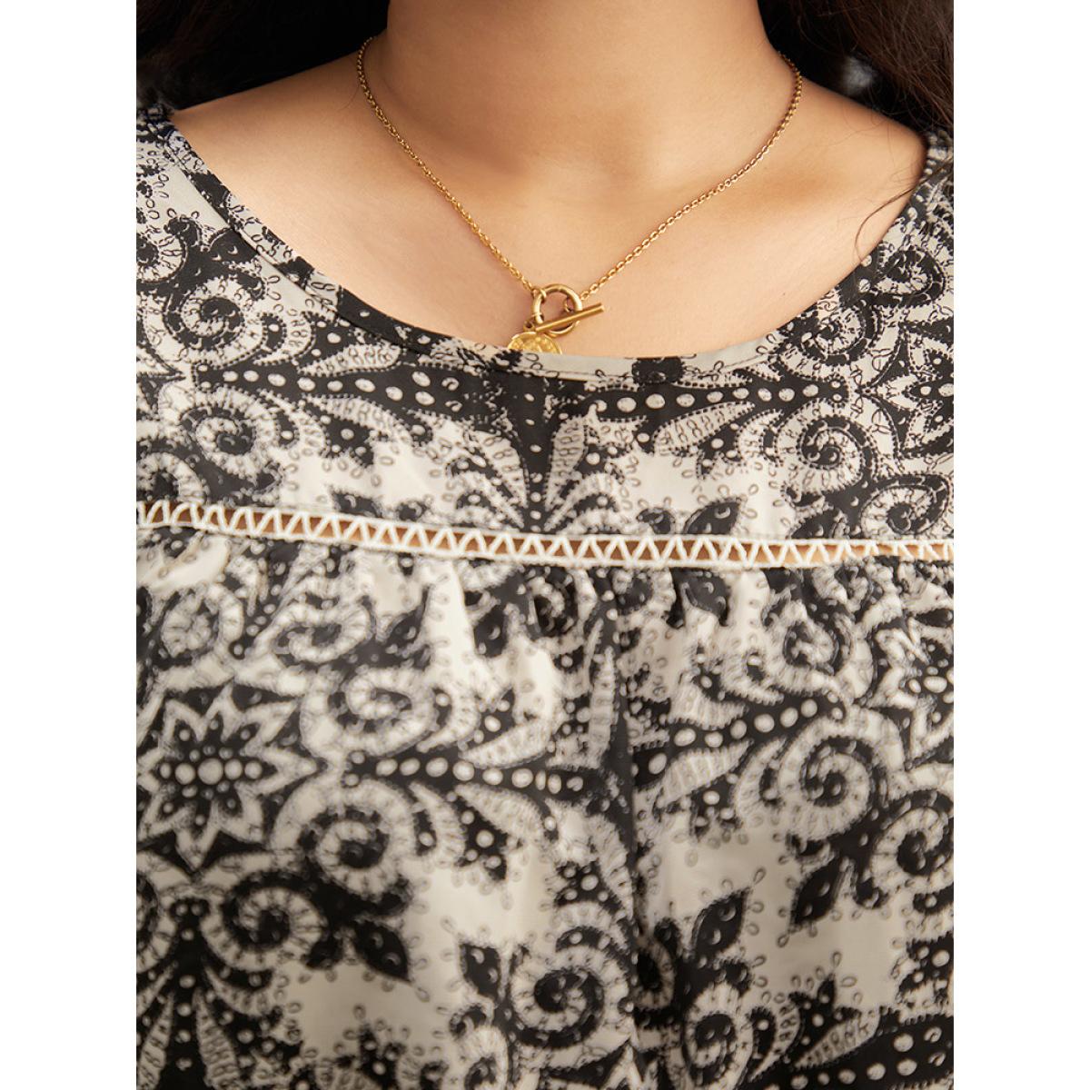 Plus Size LightBrown Paisley Print Stitch Bell Sleeve Blouse Women Vacation Elbow-length sleeve Round Neck Dailywear Blouses BloomChic 22-24/3X Product Image