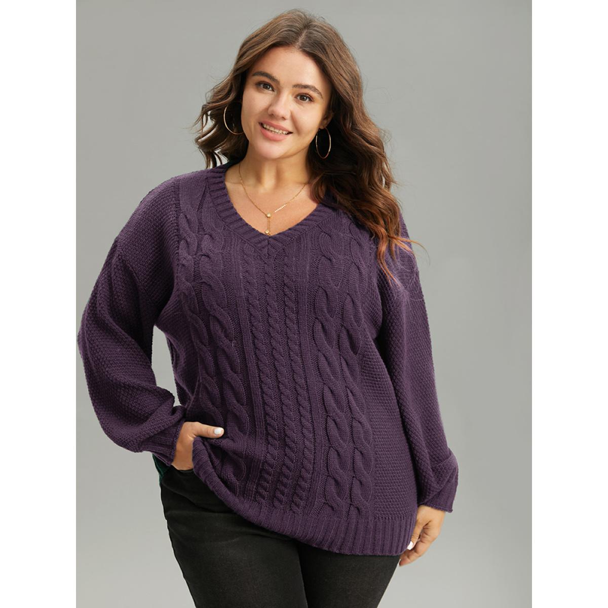 Plus Size Solid Cable Knit V Neck Elastic Cuffs Pullover Eggplant Women Casual Loose Long Sleeve V-neck Everyday Pullovers BloomChic 12/L Product Image