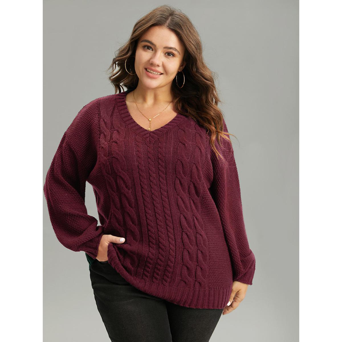 Plus Size Solid Cable Knit V Neck Elastic Cuffs Pullover Burgundy Women Casual Loose Long Sleeve V-neck Everyday Pullovers BloomChic 12/L Product Image