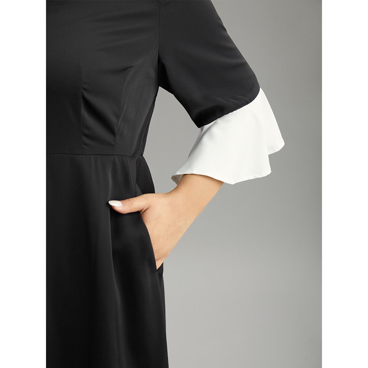 Plus Size Contrast Ruffle Sleeve Hanky Hem Dress Black Women Elegant Patchwork V-neck Elbow-length sleeve Curvy Midi Dress BloomChic 22-24/3X Product Image