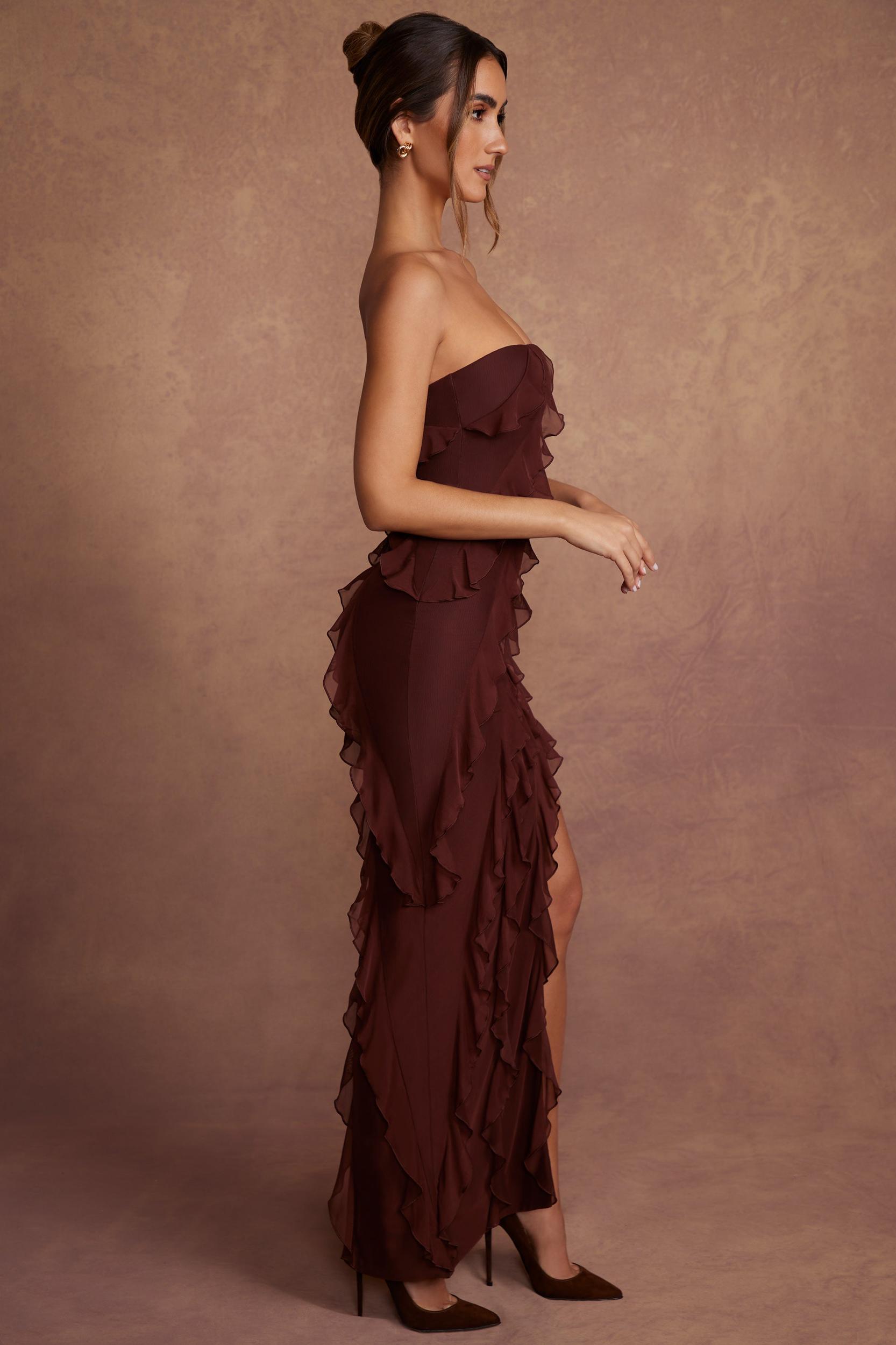 Bandeau Ruffle Detail Maxi Dress in Brown Product Image