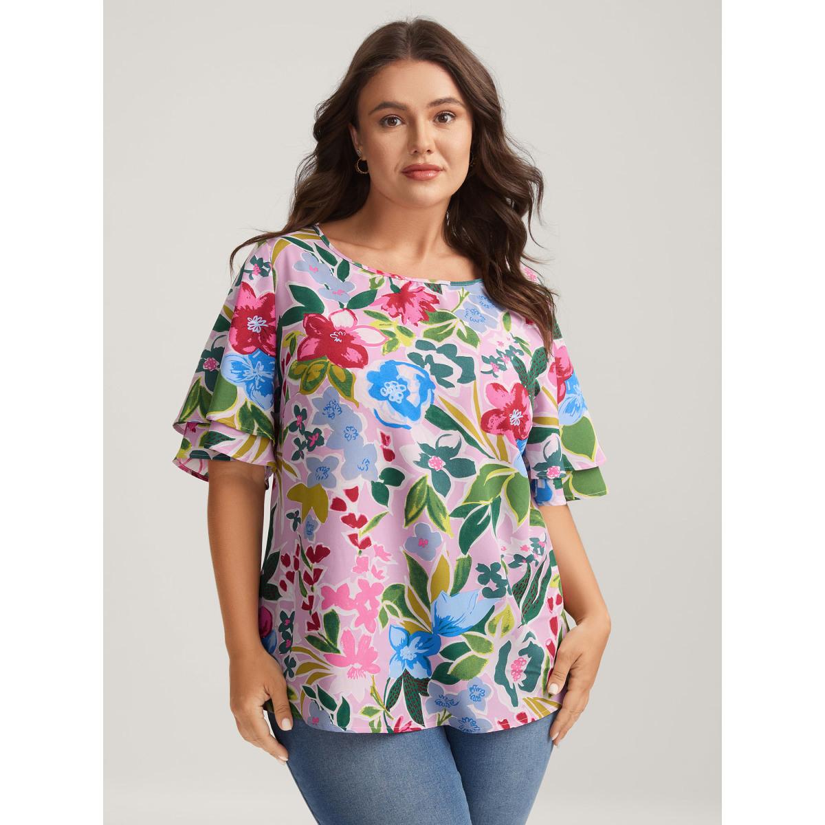 Plus Size Multicolor Sunkissed Floral Lotus Leaf Sleeve Blouse Women Playful Half Sleeve Round Neck Casual Blouses BloomChic 18-20/2X Product Image