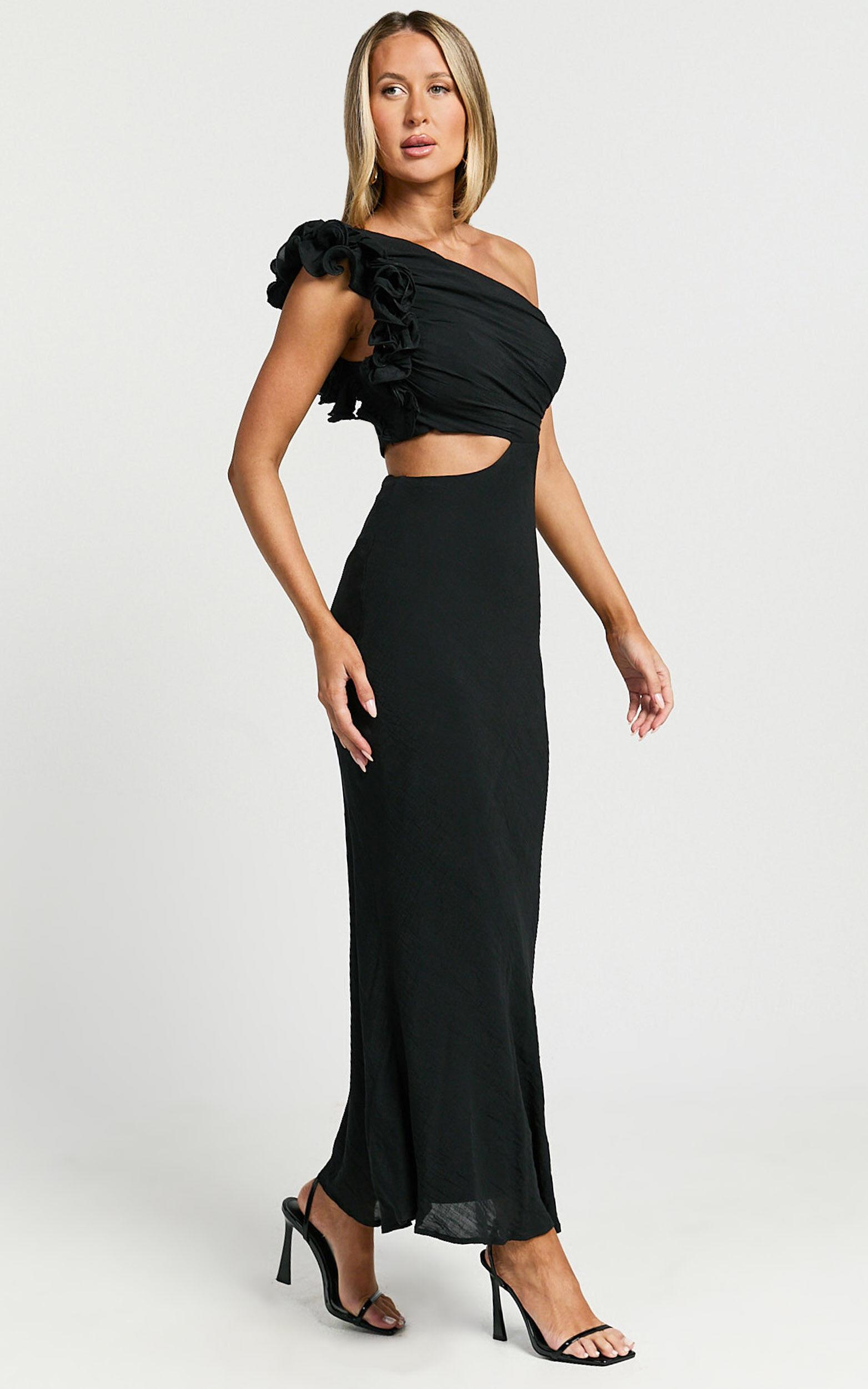 Anessa Midi Dress - One Shoulder Ruffle Detail Side Cut Out Dress in Black Product Image
