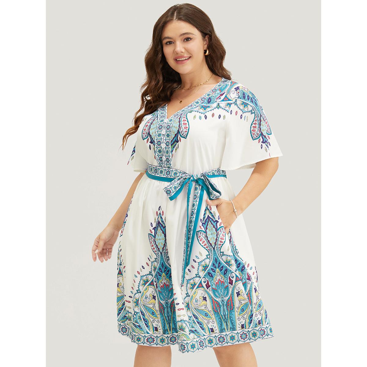 Plus Size Bandana Button Detail Pocket Belt Knee Dress Emerald Women Vacation Lined V-neck Short sleeve Curvy Knee Dress BloomChic 26/4X Product Image