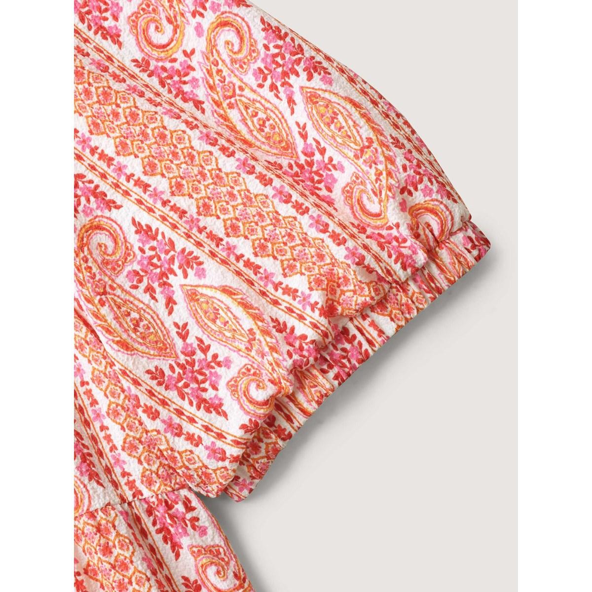 Plus Size WhiteSmoke Stripe Paisley Print Ruffled Neck Blouse Women Short sleeve Square Neck Elegant Blouses BloomChic 10/M Product Image