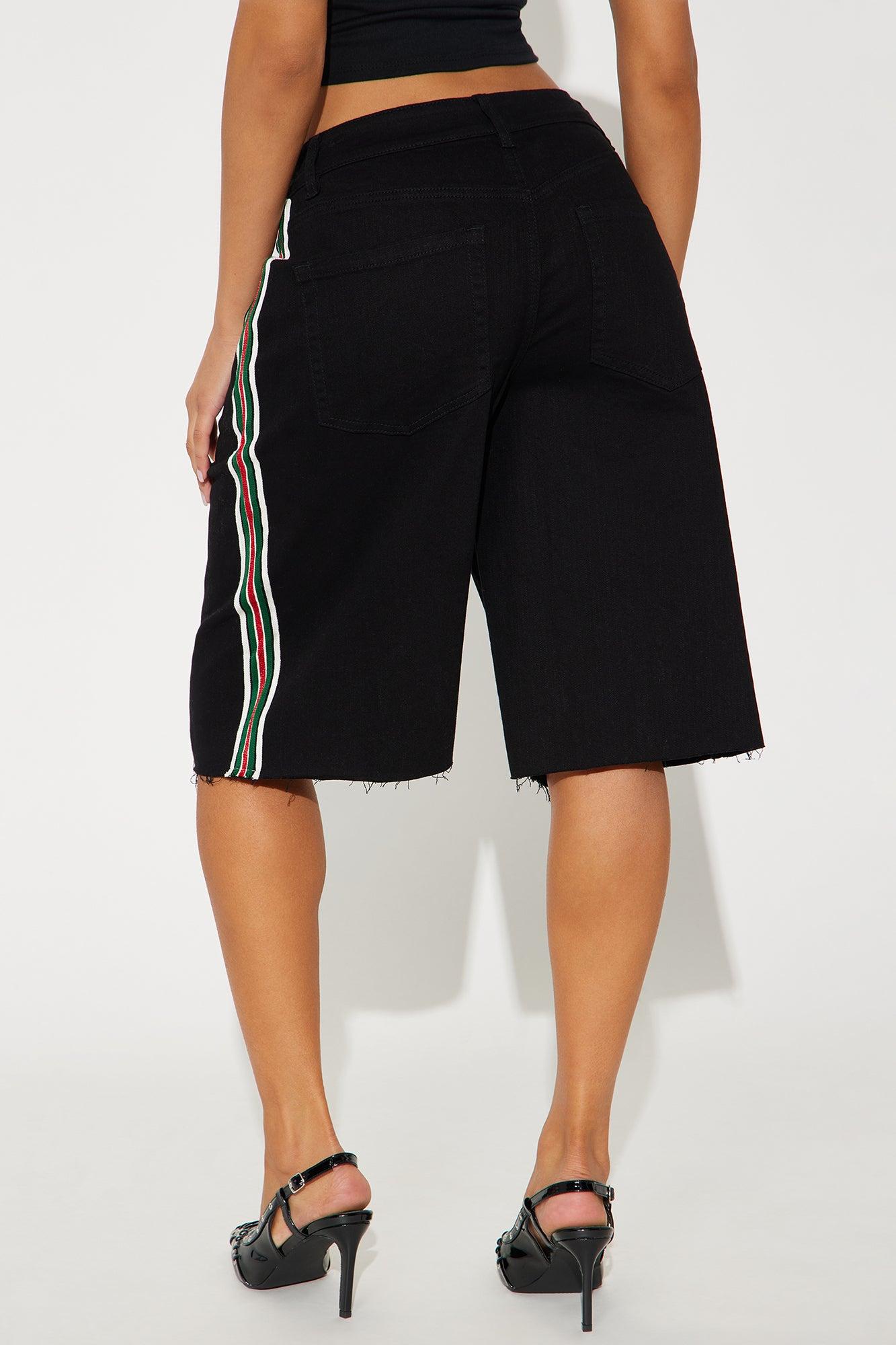 Making An Appearance Stretch Stripe Denim Jorts - Black Product Image