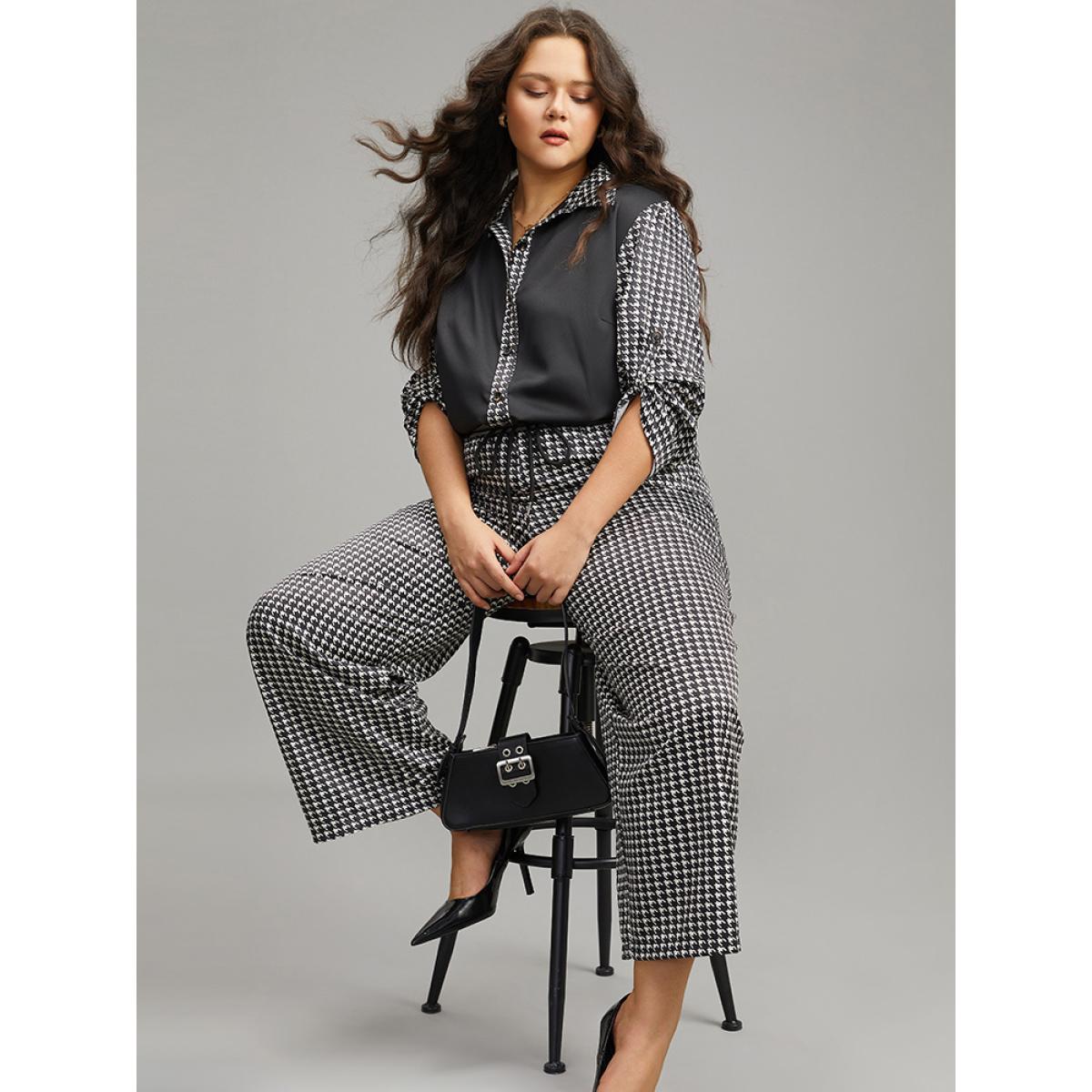 Plus Size Houndstooth Drawstring Straight Leg Pants Women Black Office Straight Leg High Rise Work Pants BloomChic 14-16/1X Product Image