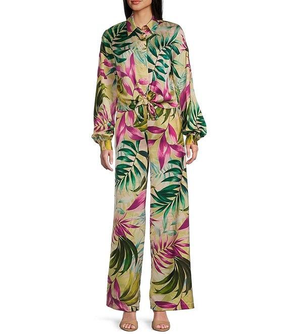Guess Coordinating Satin Tropical Print Long Sleeve Bowed Jun Shirt Product Image