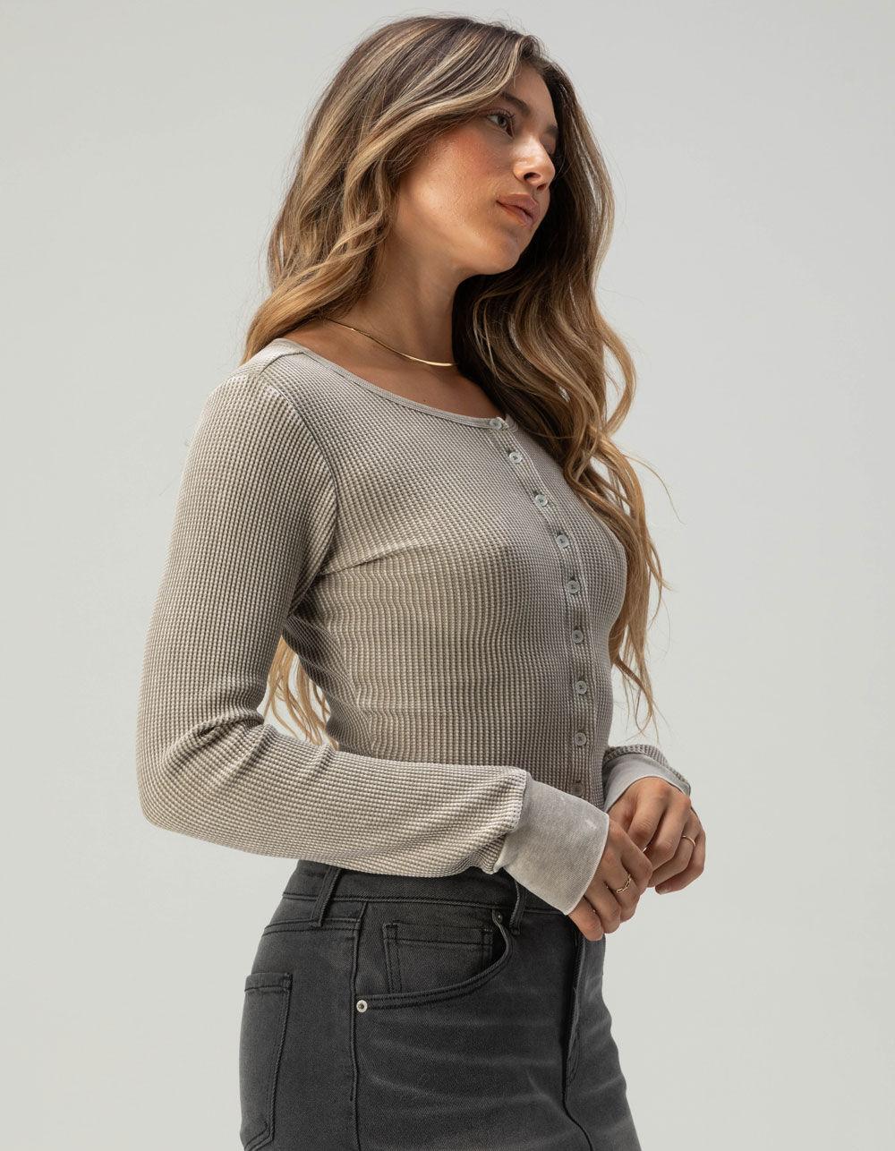 FULL TILT Womens Long Sleeve Thermal Cardigan - OLIVE Product Image