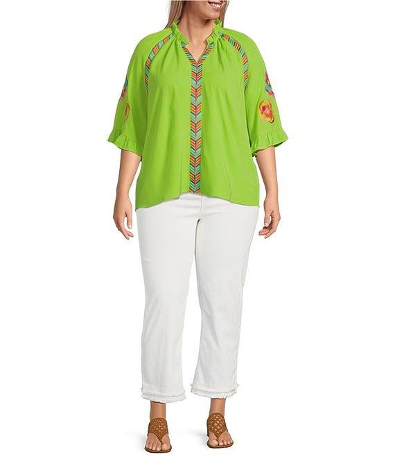 Calessa Plus Size Embroidered Ruffle Split V-Neck 3/4 Sleeve Tunic Product Image