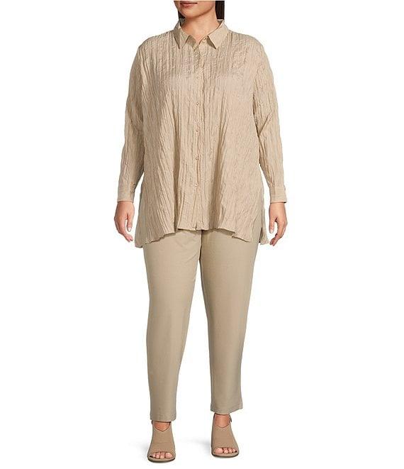 Eileen Fisher Plus Crinkle Silk Classic Collar Long Sleeve Button Down Shirt Product Image