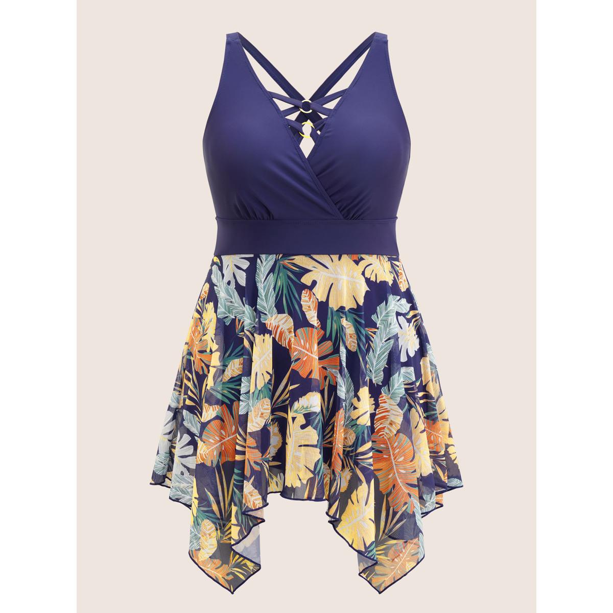 Plus Size Tropical Print Patchwork Crisscross Hanky Hem Swim Dress Women's Swimwear Indigo Vacation Bodycon Overlap Collar High stretch Curve Swim Dresses BloomChic 30/6X Product Image
