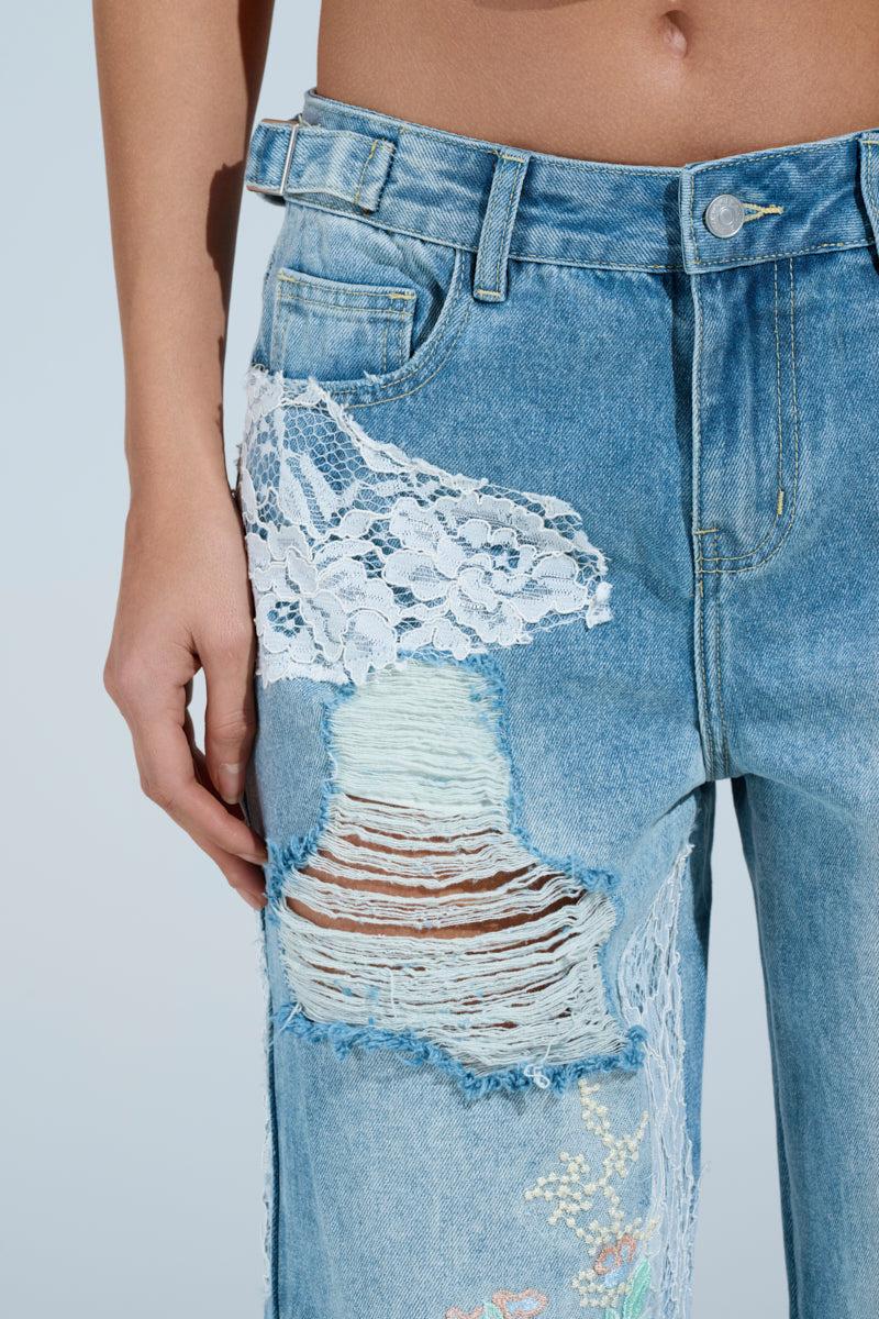 PICKING PETALS FLORAL AND LACE DETAIL DENIM PANTS Product Image