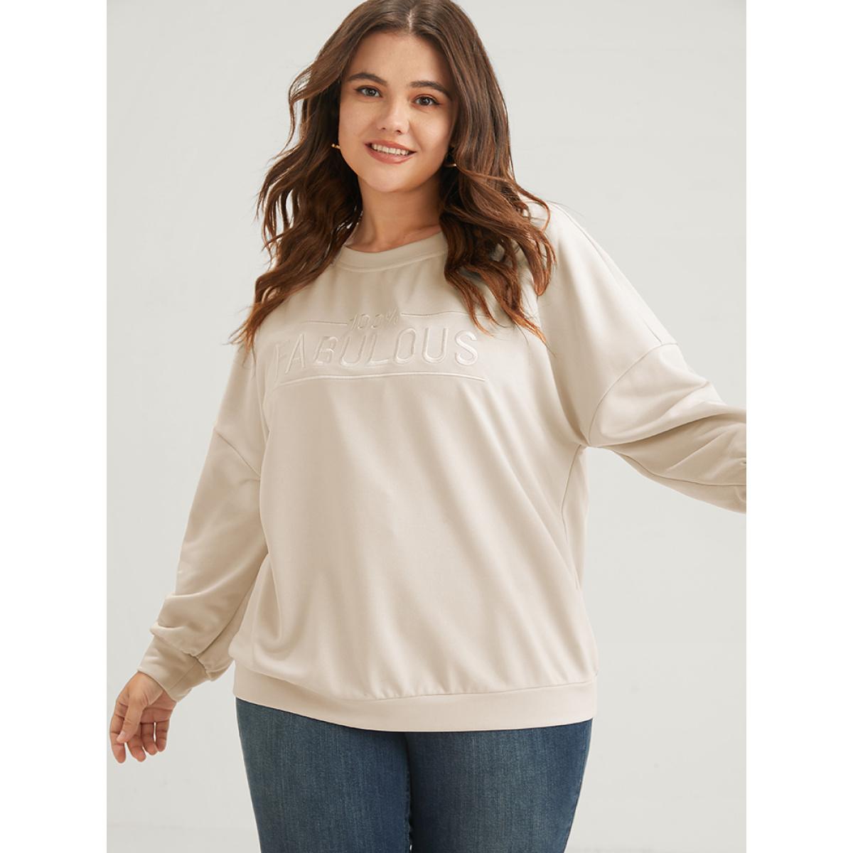 Plus Size Solid Letter Embroidered Drop Shoulder Sweatshirt Women Beige Casual Embroidered Loose Round Neck Dailywear Sweatshirts BloomChic 14-16/1X Product Image