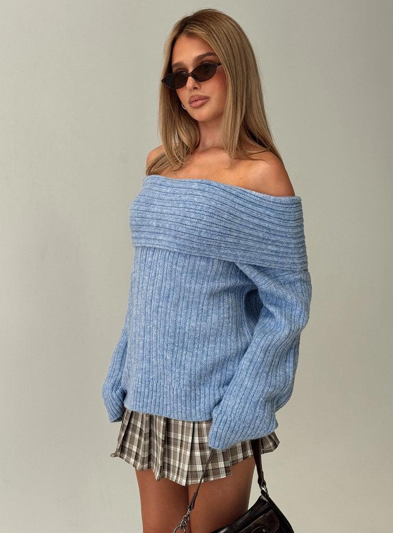 Snowie Off Shoulder Knit Sweater Blue Product Image