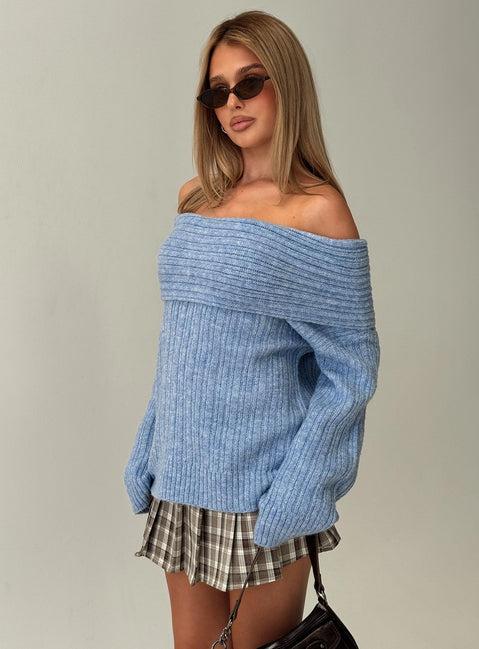 Snowie Off Shoulder Knit Sweater Blue Product Image