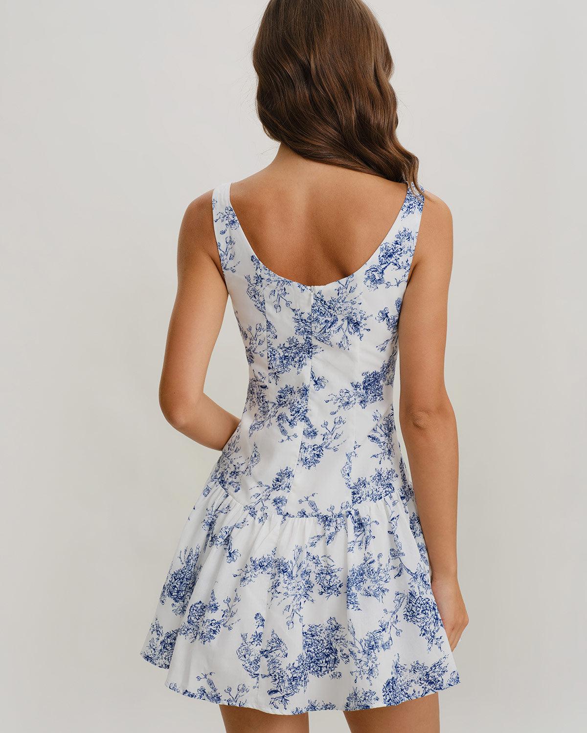 Blue Floral Boat Neck Sleeveless Mini Dress Product Image