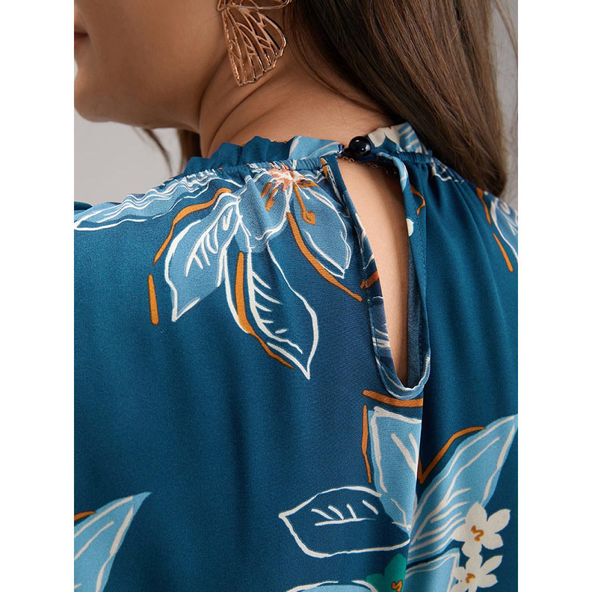 Plus Size Floral Mock Neck Frill Trim Keyhole Dress Aegean Women Elegant Elastic cuffs Mock Neck Long Sleeve Curvy Midi Dress BloomChic 30/6X Product Image