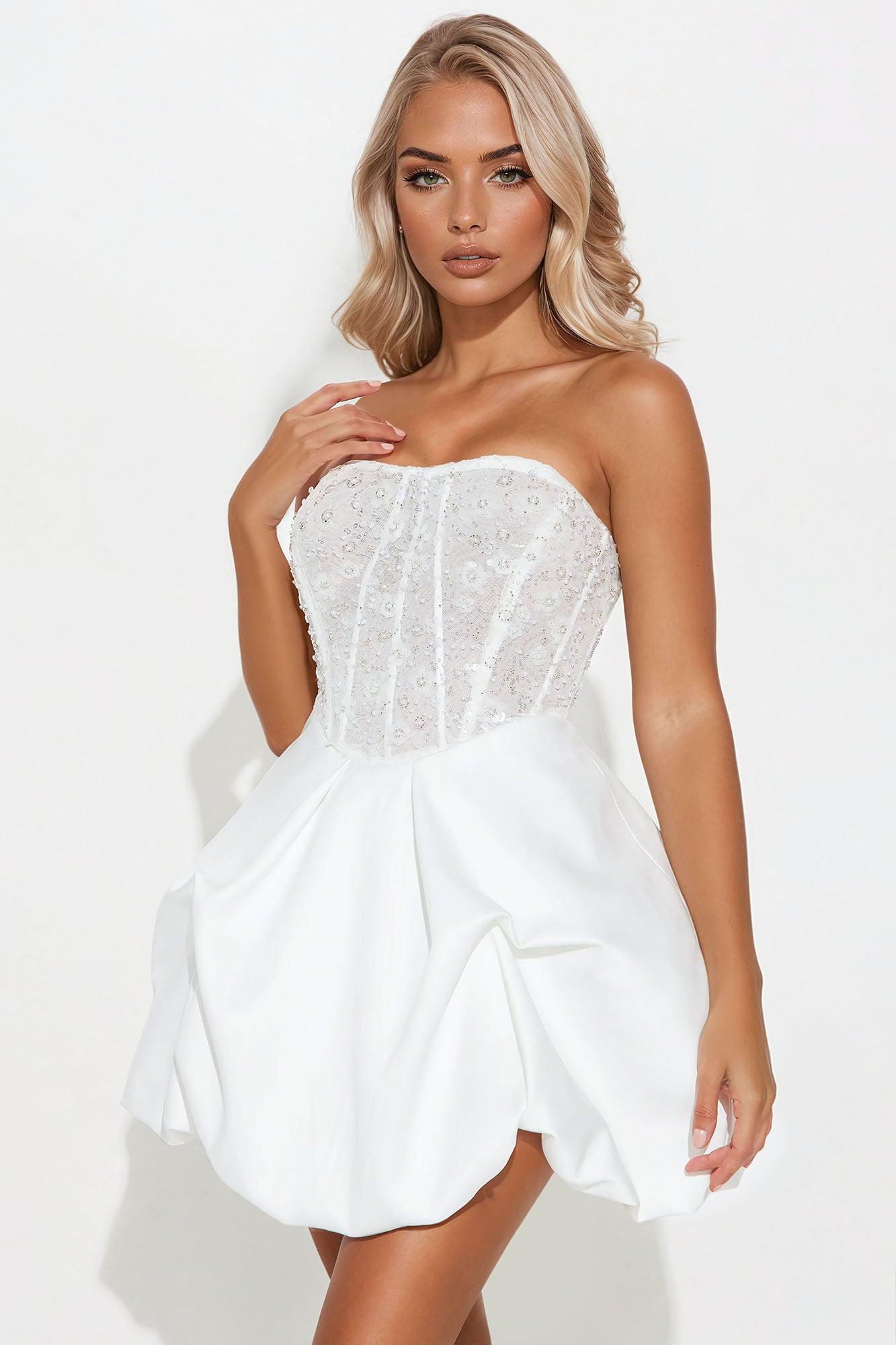 Crystal Clear Satin Bubble Mini Dress - White Product Image