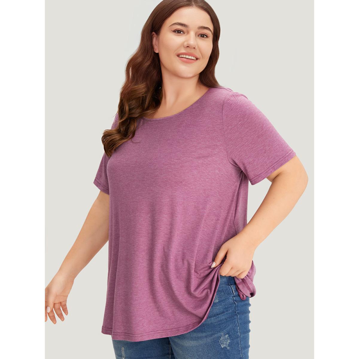 Plus Size Plain Heather Pocket Round Neck T-shirt Mauve Women Casual Plain Plain Round Neck Dailywear T-shirts BloomChic 12/L Product Image