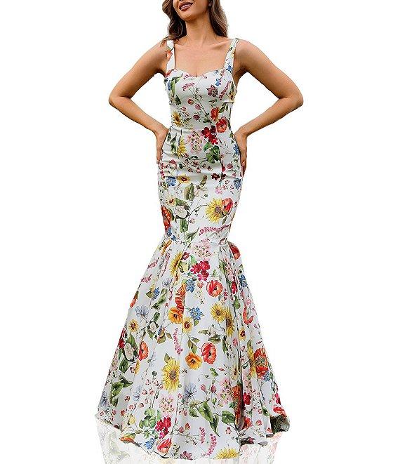 Terani Couture Sweetheart Neck Floral Printed Satin Sleeveless Mermaid Gown Product Image