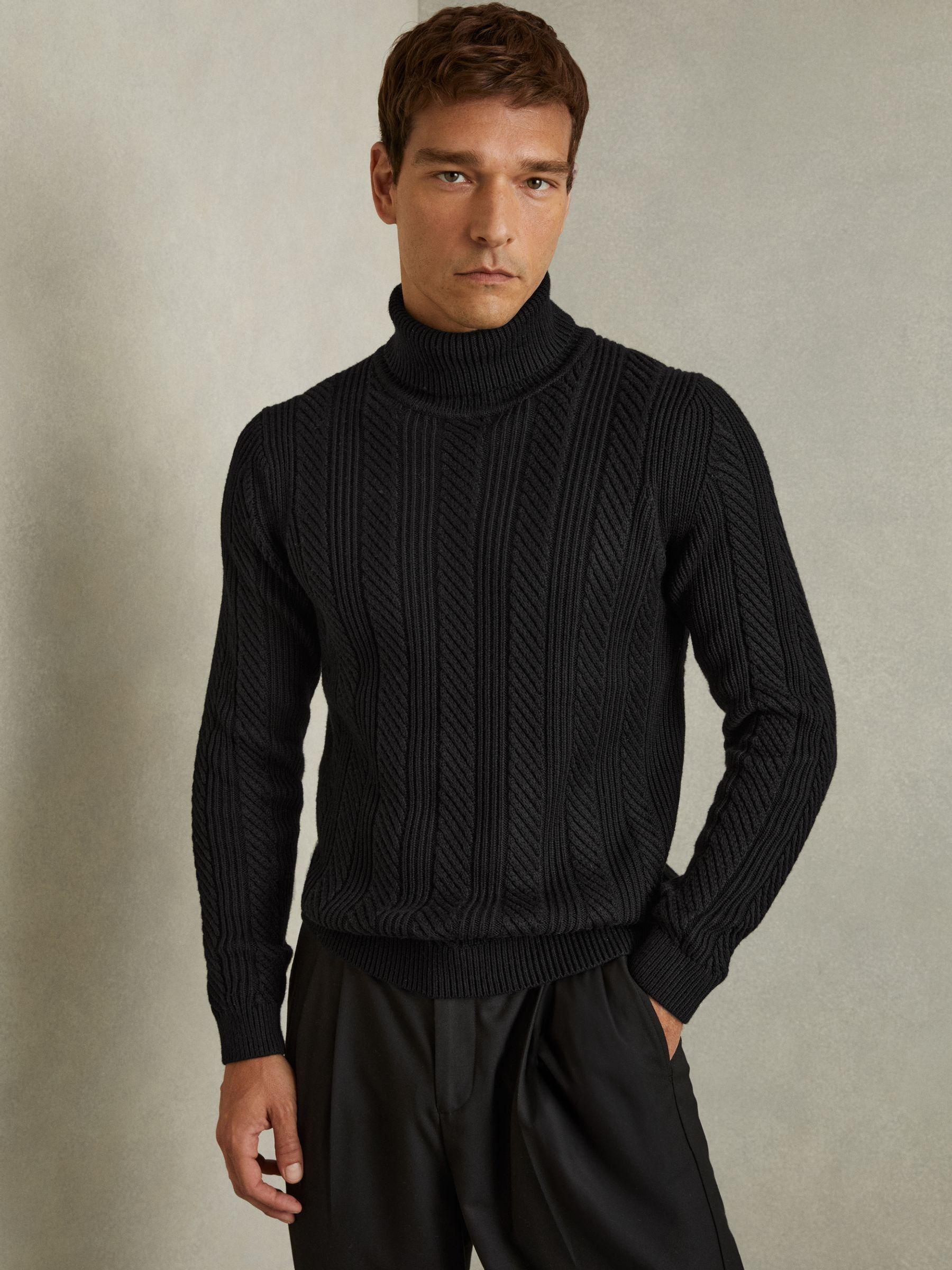 Cabled Roll-Neck Jumper with Cotton and Wool in Black Product Image