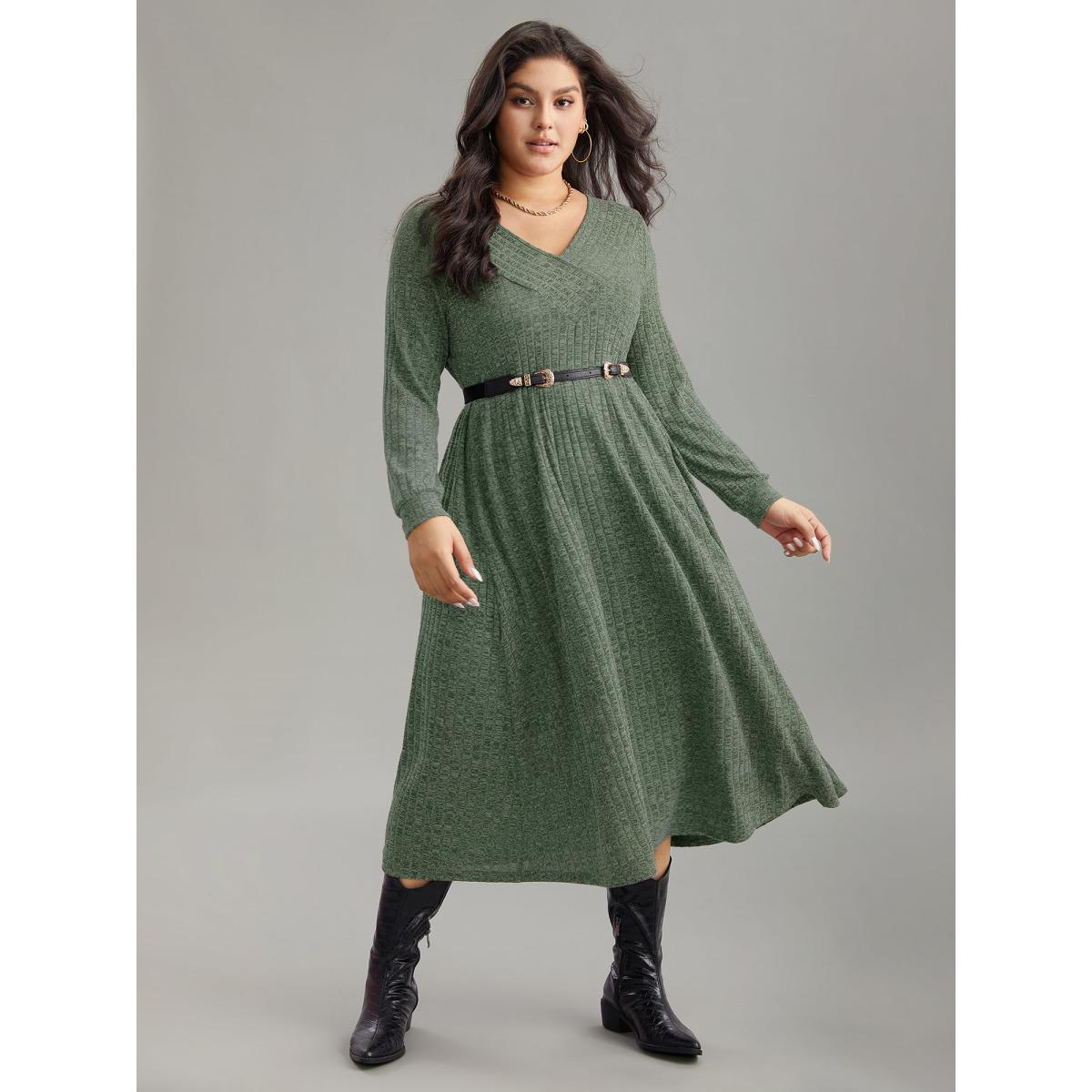 Plus Size Rib Knit Plain Plisse Long Sleeve Dress ArmyGreen Women Leisure Rib Knit V-neck Long Sleeve Curvy Midi Dress BloomChic 12/L Product Image
