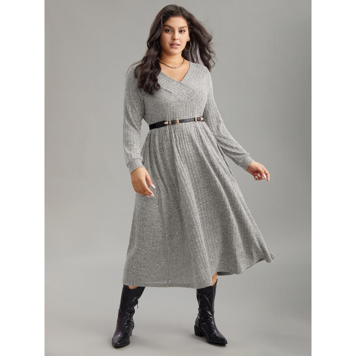 Plus Size Rib Knit Plain Plisse Long Sleeve Dress LightGray Women Leisure Rib Knit V-neck Long Sleeve Curvy Midi Dress BloomChic 28/5X Product Image