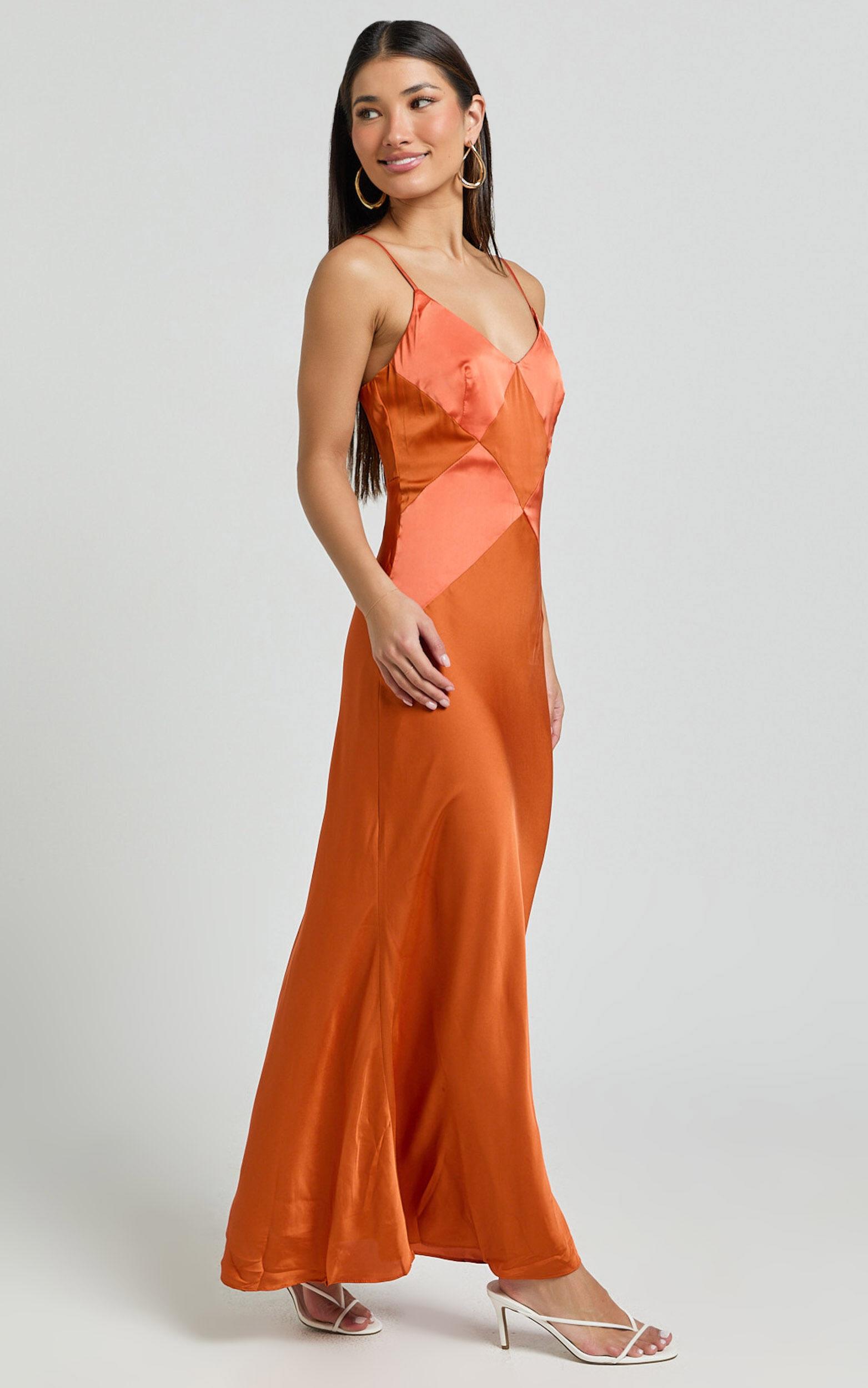 Amira Midi Dress - V Neck Sleeveless Slip Dress in Orange Product Image
