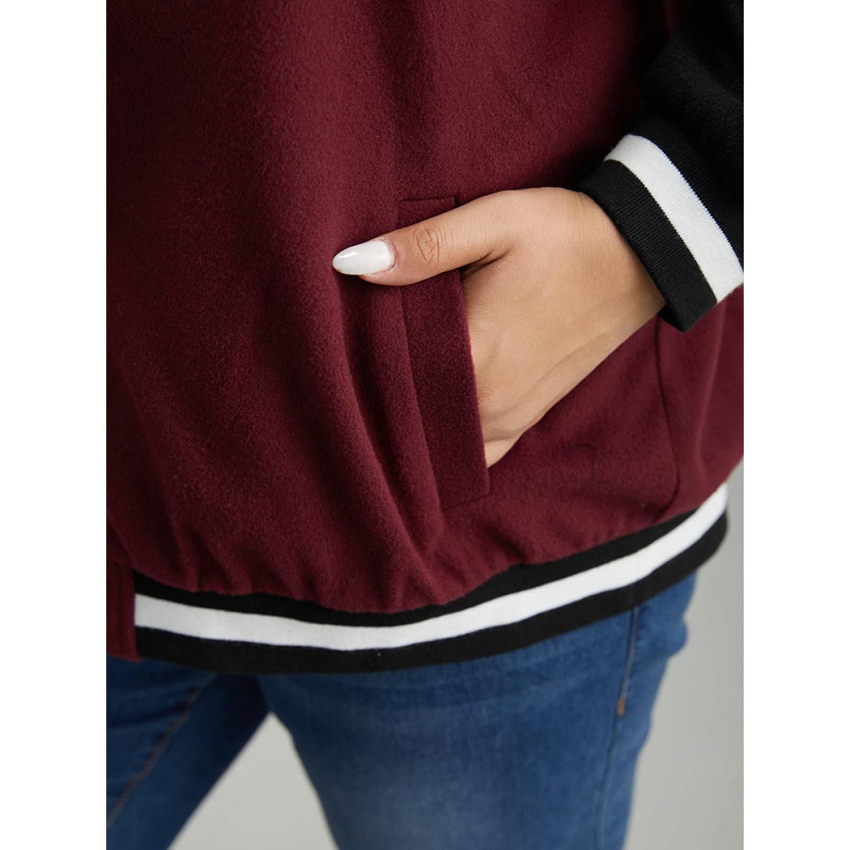 Plus Size Contrast Trim Pocket Button Fly Bomber Jacket Women Burgundy Contrast Pocket Dailywear Jackets BloomChic 18-20/2X Product Image