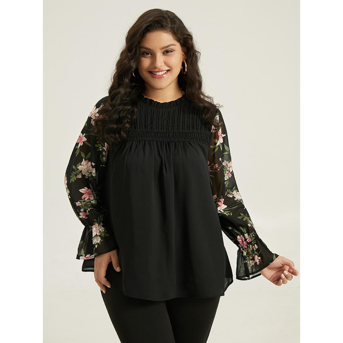 Plus Size Black Twill Floral Patchwork Shirred Mesh Frill Trim Blouse Women Elegant Long Sleeve Stand-up collar Dailywear Blouses BloomChic 26/4X Product Image