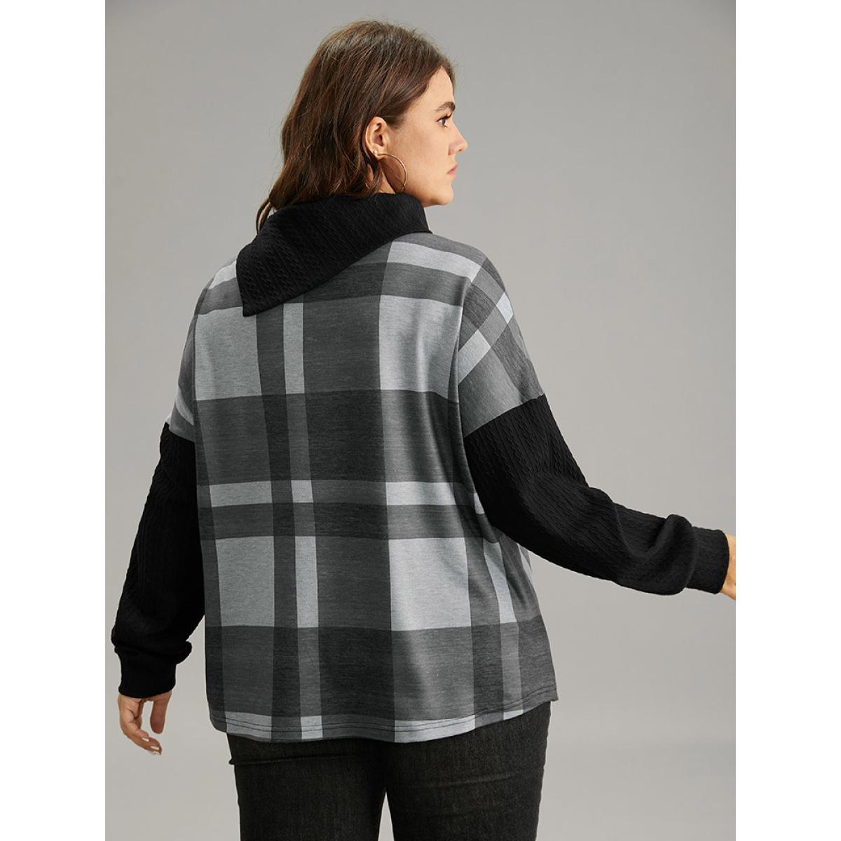 Plus Size Plaid Patchwork Mock Neck Button Detail Sweatshirt Women Black Casual Contrast Mock Neck Dailywear Sweatshirts BloomChic 12/L Product Image
