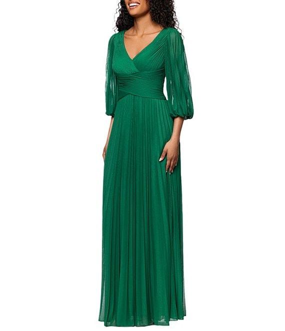 Betsy & Adam Petite Size Sheer Matte Jersey 3/4 Puff Sleeve Pleated Gown Product Image