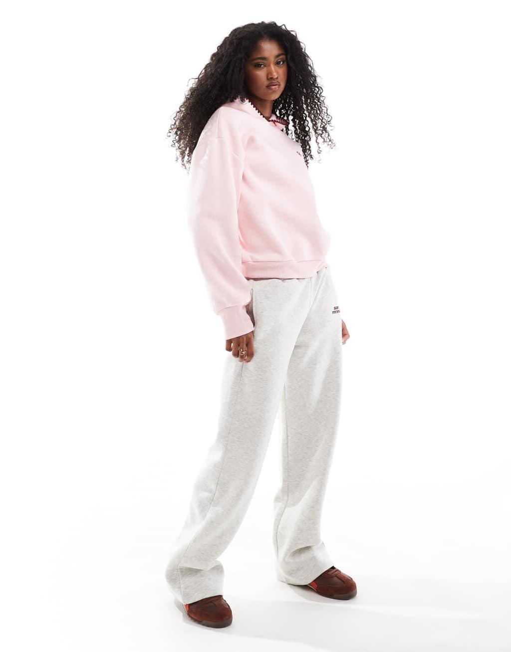 Miss Selfridge heart embroidered blanket stitch oversized hoodie in light pink Product Image