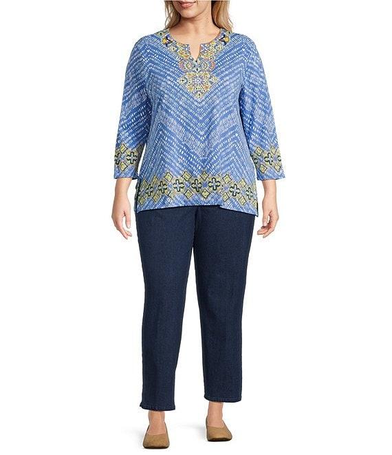 Ruby Rd. Plus Size Knit Embellished Medallion Placement Border Print Split V-Neck 3/4 Sleeve Top Product Image