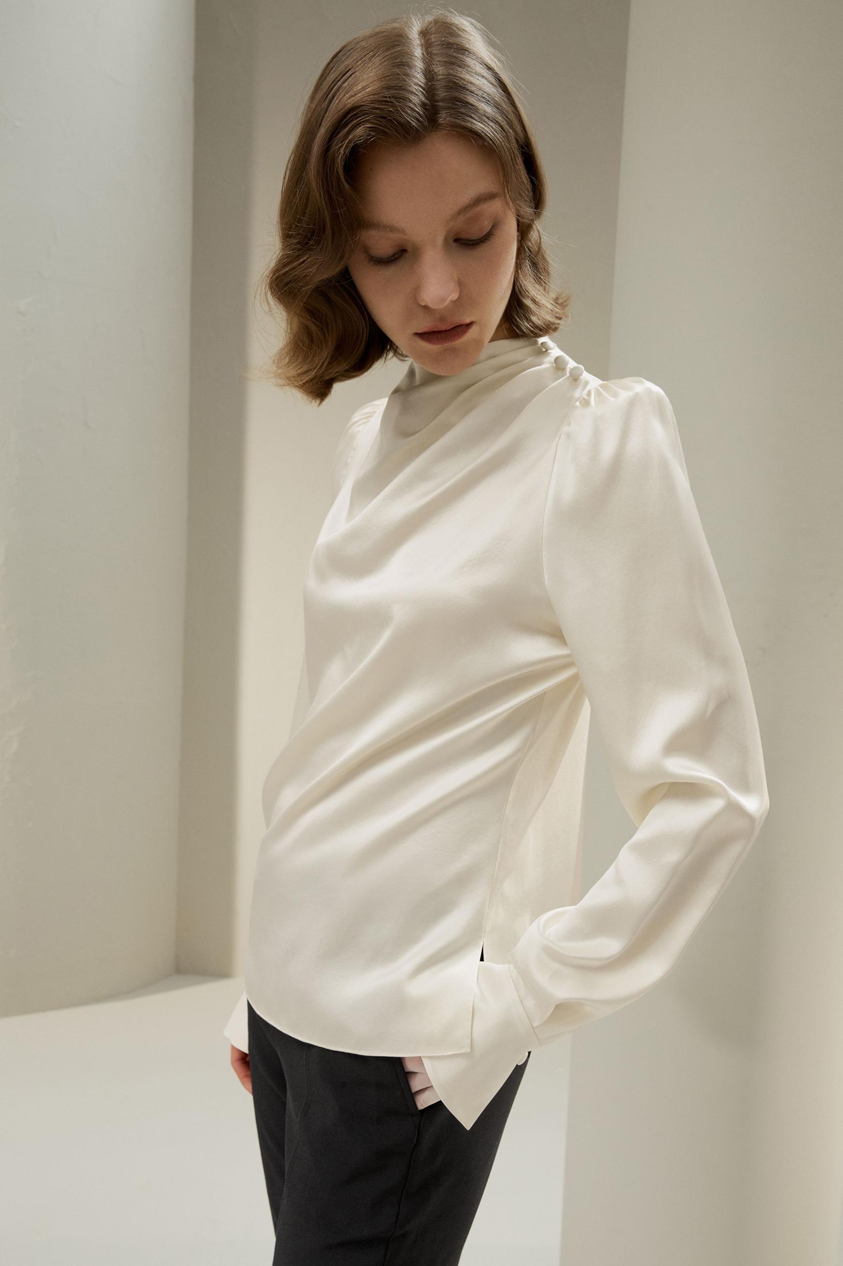 Asymmetrical Silk Blouse with Puff Sleeves Product Image