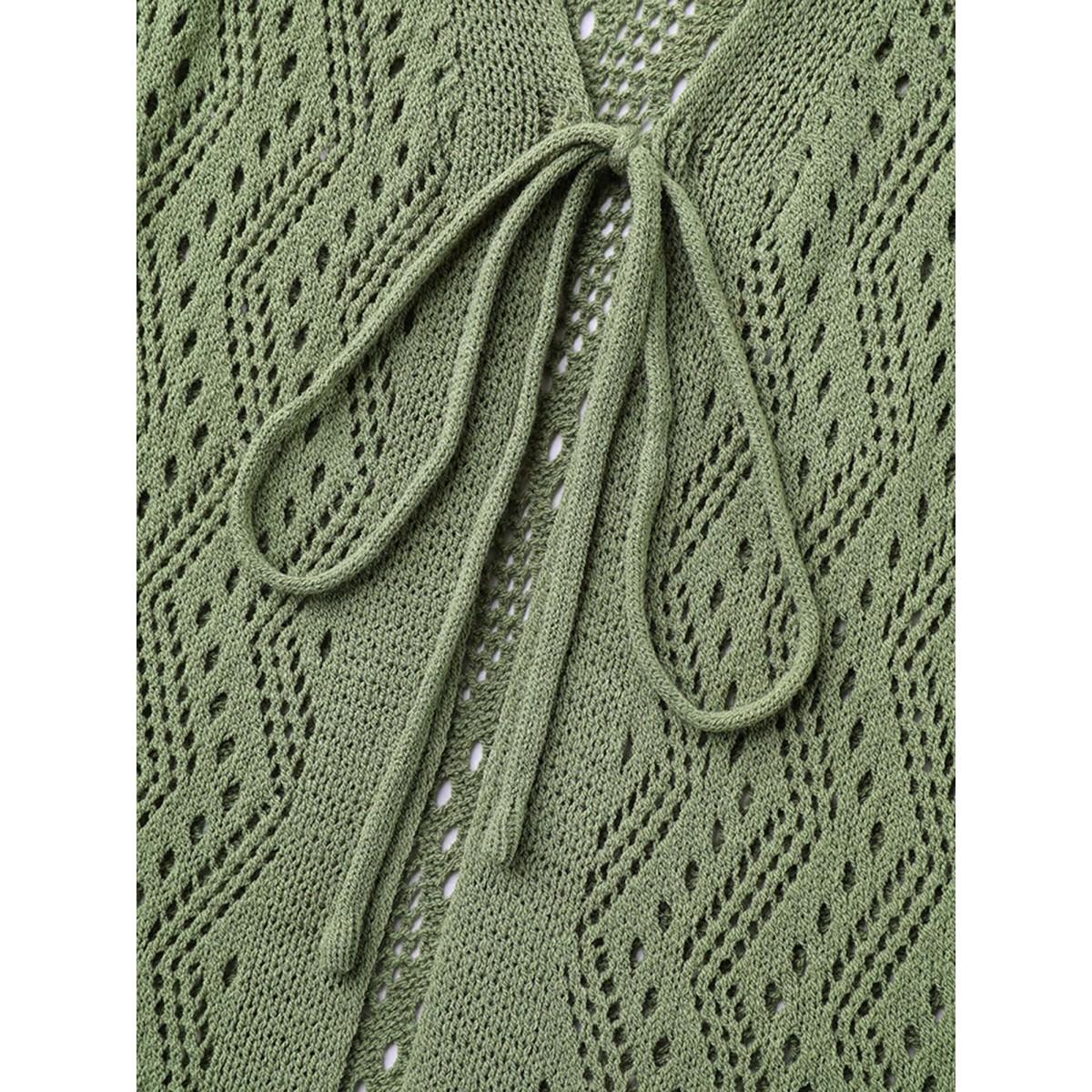 Plus Size Eyelet Trim Front Mid Tie Knit Cardigan Moss Women Casual Loose Long Sleeve Everyday-Casual Cardigans BloomChic 12/L Product Image