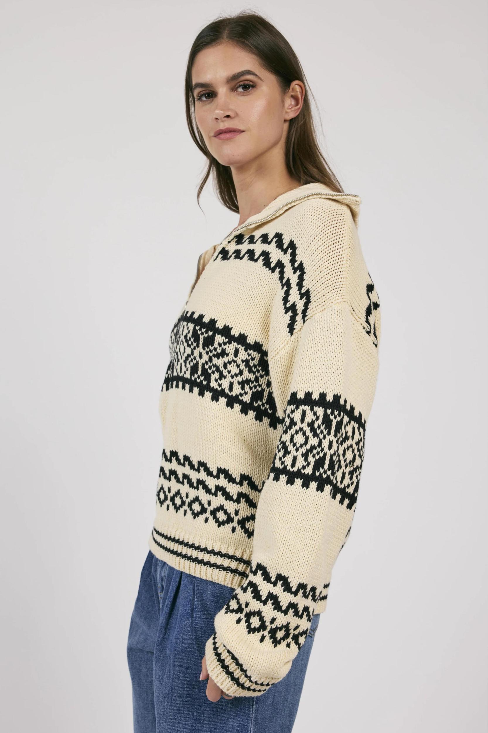 Great Outdoor Half Zip Sweater- Cream/Black Product Image