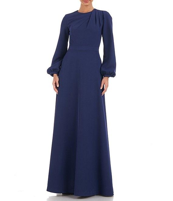 Kay Unger Ruched Jewel Neck Long Blouson Sleeve Stretch Crepe Gown Product Image