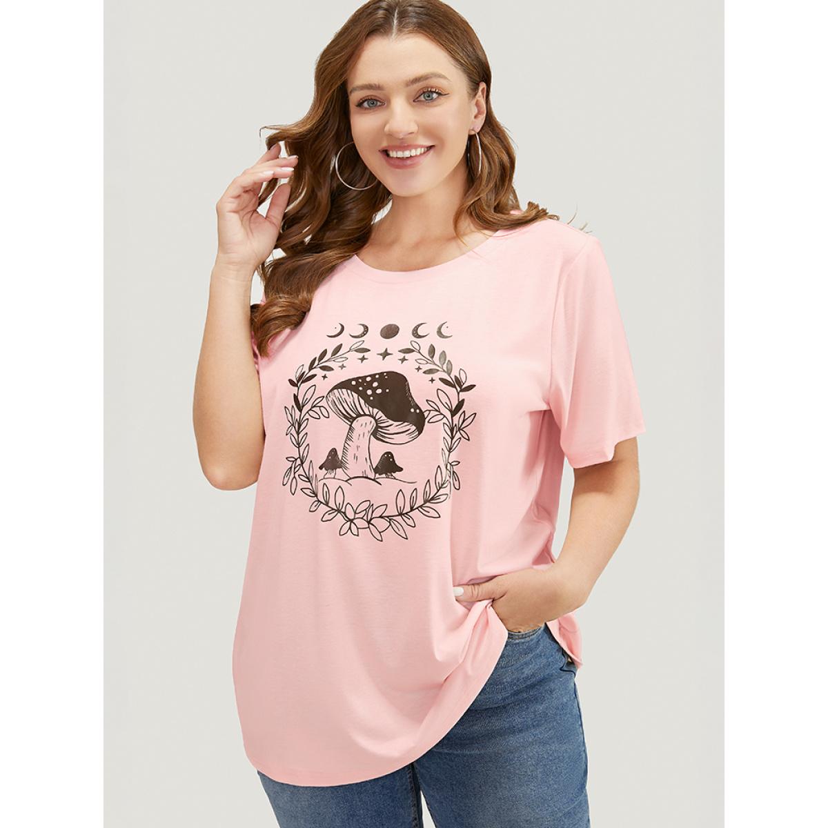 Plus Size Mushroom & Moon Print Short Sleeve Crew Neck T-shirt MistyRose Women Casual Natural Flowers Dailywear T-shirts BloomChic 26/4X Product Image