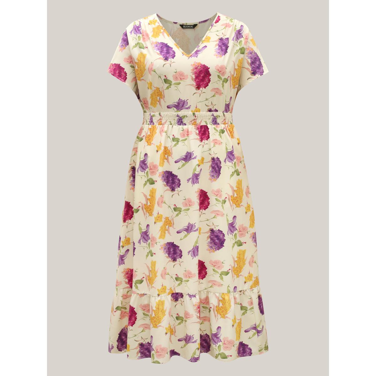 Plus Size Floral Fantasy Shirred Tiered Maxi Dress Beige Women V-neck Cap Sleeve Curvy BloomChic 26/4X Product Image