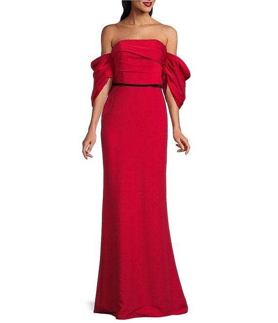 Terani Couture Off-The-Shoulder Draped Short Sleeves Matte Satin Column Gown Product Image