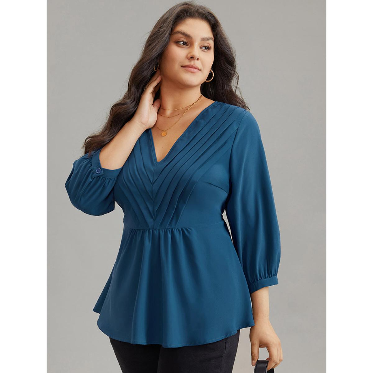 Plus Size Aegean Static-Free Elastic Waist Pleated Lantern Sleeve Blouse Women Office Elbow-length sleeve V-neck Office Blouses BloomChic 10/M Product Image