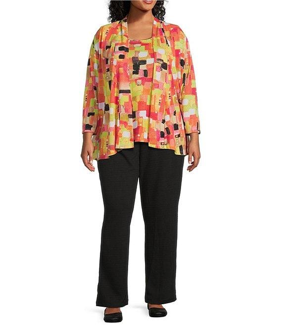 Multiples Plus Size Solid Stripe Jacquard Straight Leg Pull-On Pants Product Image