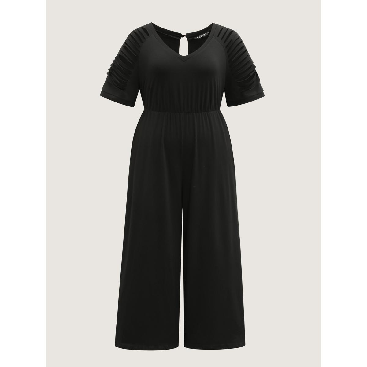 Plus Size Black Laser Cut-Out Stretchy Sheer Jumpsuit Women Leisure Short sleeve V-neck Casual Loose Jumpsuits BloomChic 22-24/3X Product Image