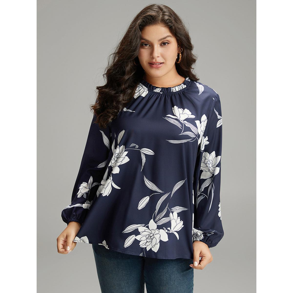 Plus Size Indigo Silhouette Floral Print Frill Trim Pleated Blouse Women Elegant Long Sleeve Round Neck Dailywear Blouses BloomChic 10/M Product Image