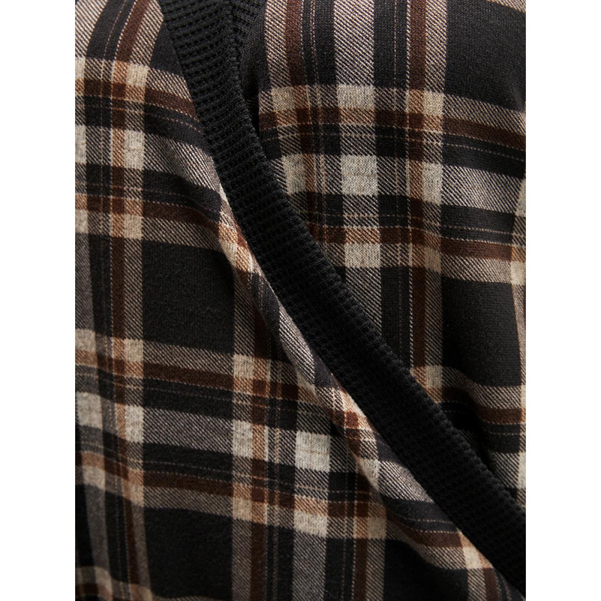 Plus Size Contrast Trim Lantern Sleeve Tartan Wrap Sweatshirt Women DarkBrown Elegant Wrap V-neck Dailywear Sweatshirts BloomChic 14-16/1X Product Image