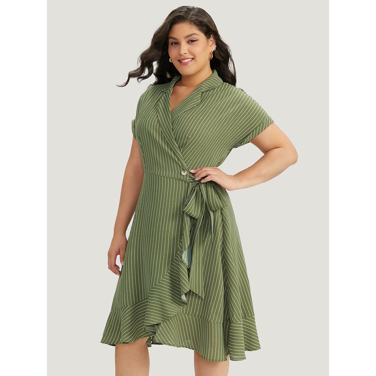 Plus Size Suit Collar Ruffles Pocket Button Up Ties Batwing Sleeve Dress Moss Women Office Button Suit Collar Short sleeve Curvy Midi Dress BloomChic 10/M Product Image