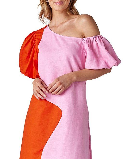 CROSBY by Mollie Burch Lovett Colorblock Asymmetrical Neckline Short Puff Sleeve Linen Maxi Dress Product Image